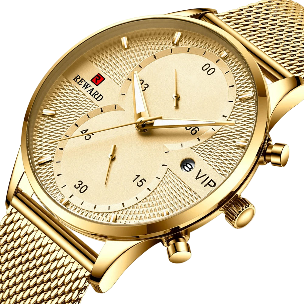 Gold wristwatch with detailed face and mesh band on a white background