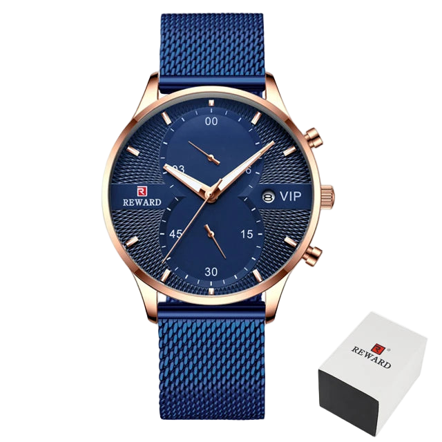 Blue watch with rose gold accents and 'Reward' branding on a white background