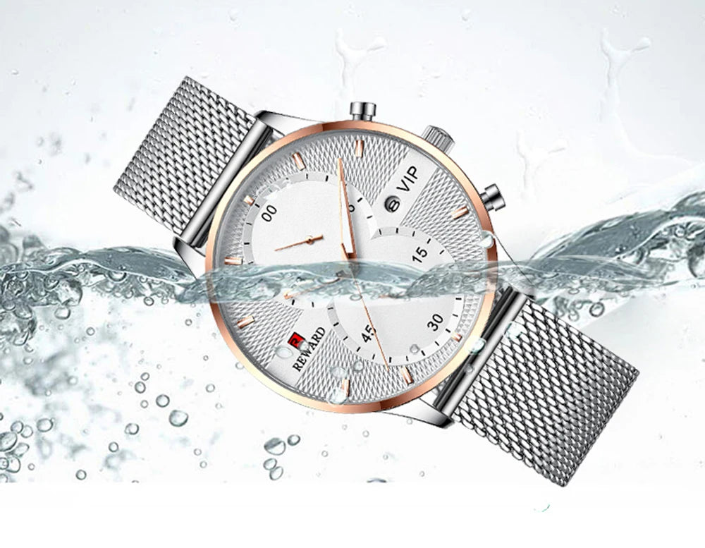 Silver watch with water splashing around it on a light gray background
