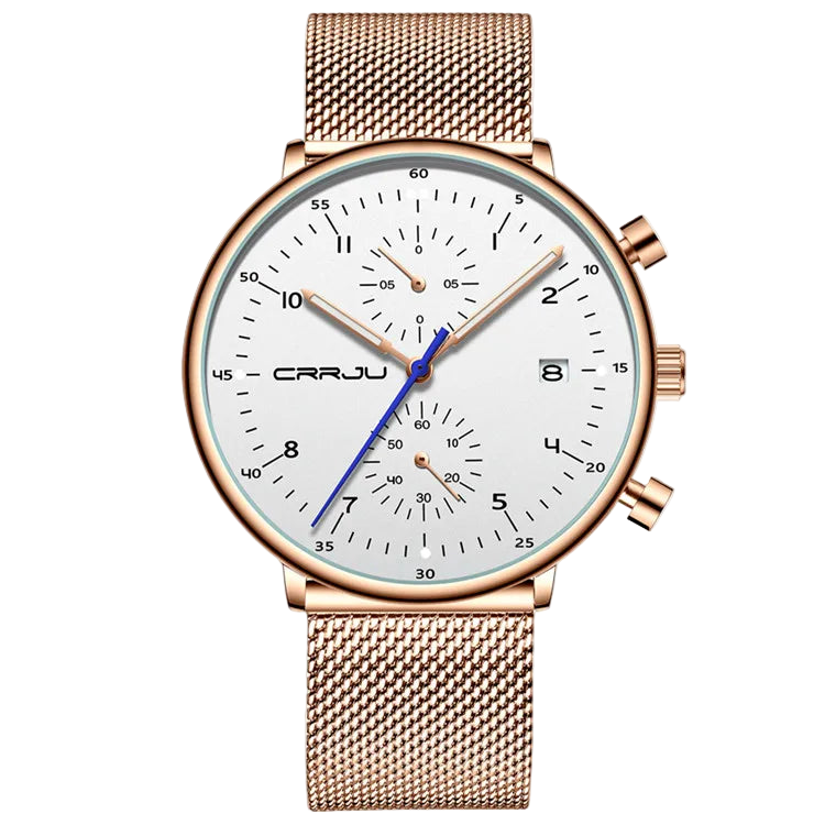 Rose gold watch with white dial on a white background, featuring the brand 'CRRJU'.