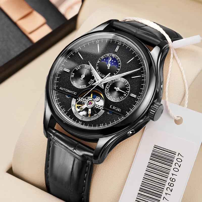 2025 LIGE Mens Watches Automatic Mechanical Watch Tourbillon Sport Clock Leather Casual Business Retro Wristwatch Relojes ...