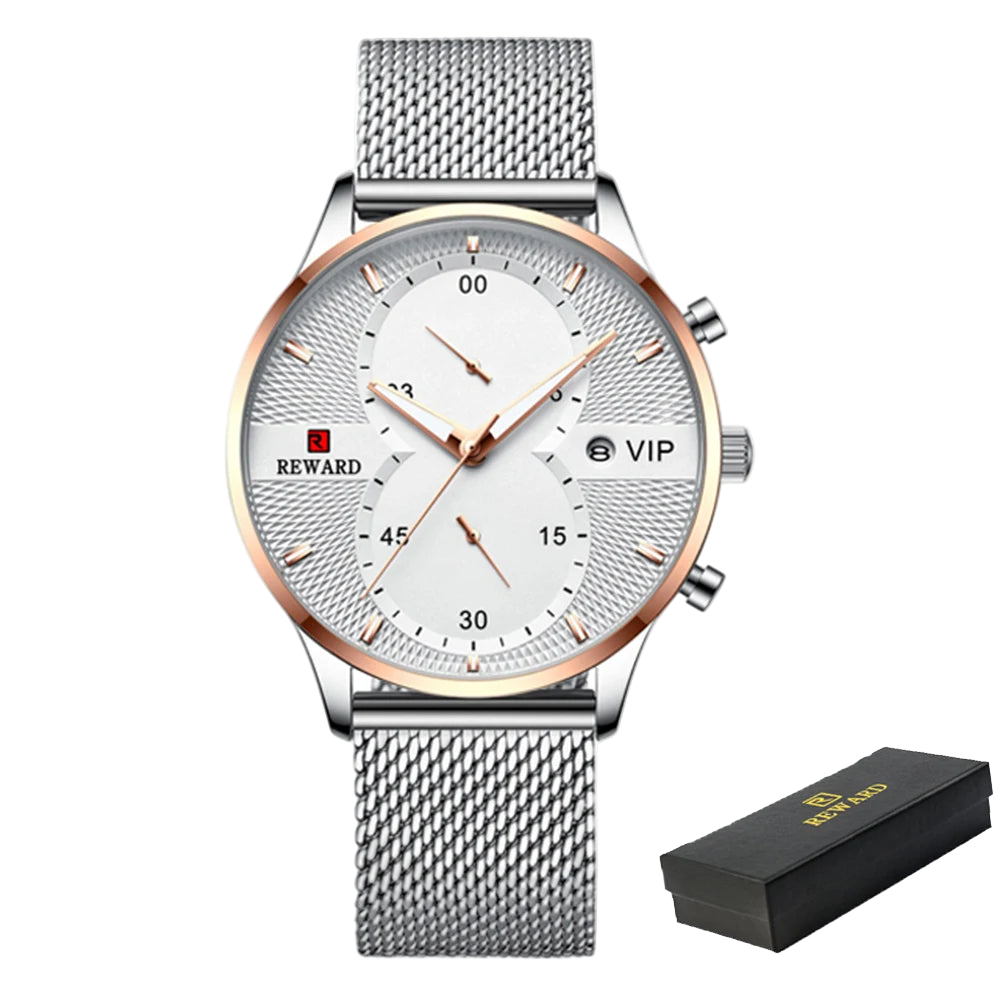 Silver watch with white face and rose gold accents, accompanied by a black box, on a white background.