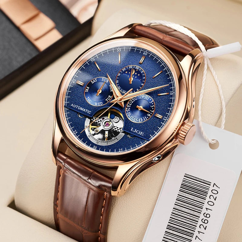 customer favorite 2025 LIGE Mens Watches Automatic Mechanical Watch Tourbillon Sport Clock Leather Casual Business Retro W...