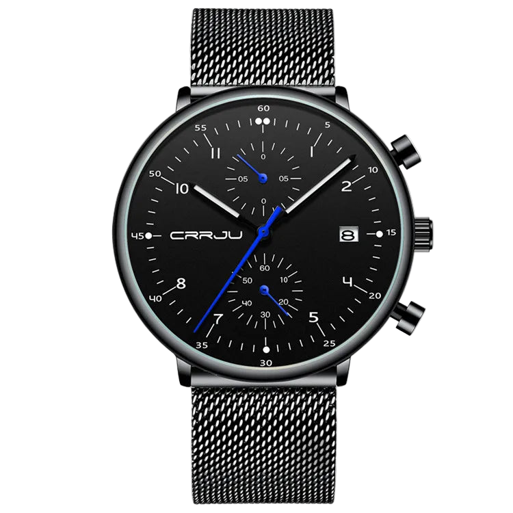 Black watch with blue accents on a white background, featuring the brand 'CRRJU'.