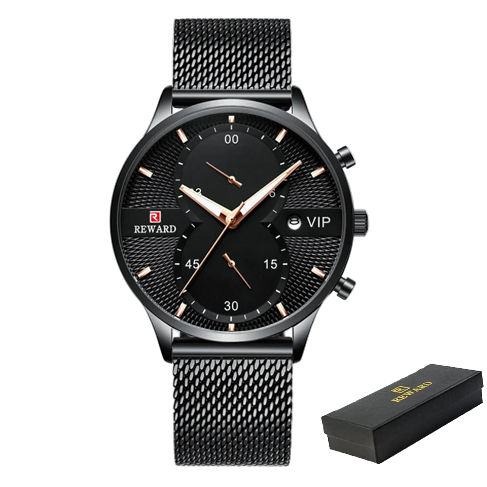 Black wristwatch with mesh band and 'Reward' branding on a white background