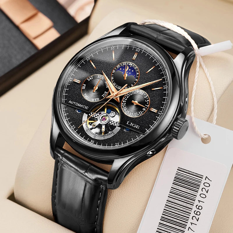2025 LIGE Mens Watches Automatic Mechanical Watch Tourbillon Sport Clock Leather Casual Business Retro Wristwatch Relojes ...