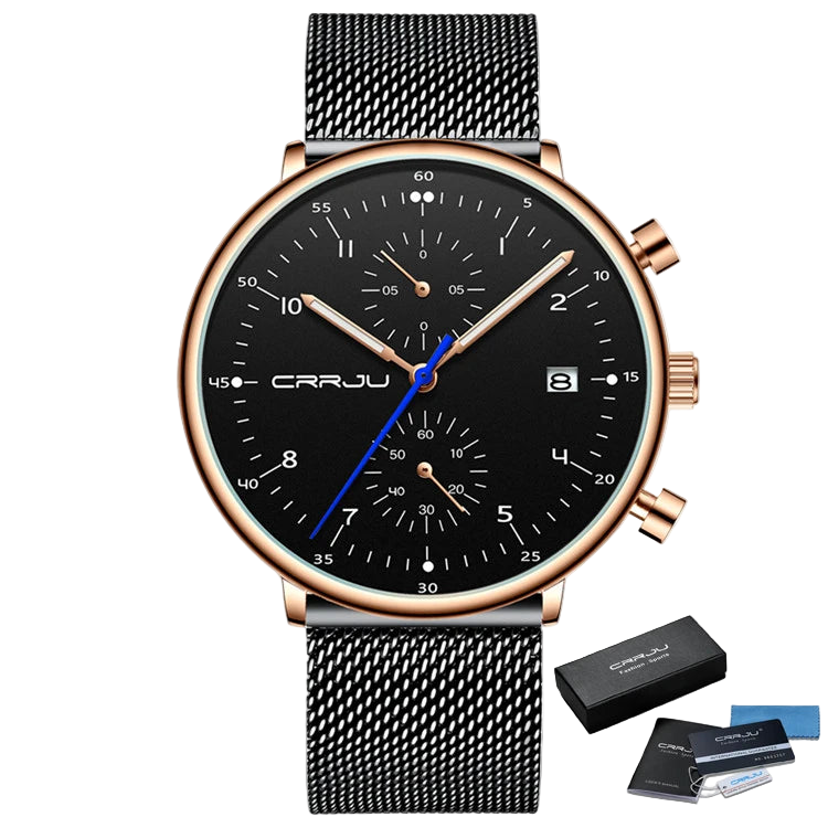 CRRJU watch with black face and mesh band on a white background