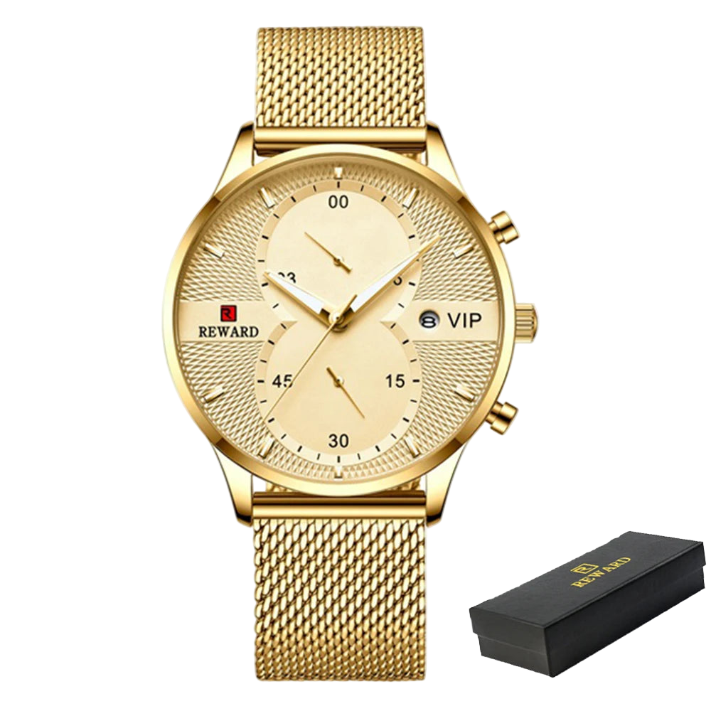 Gold watch with mesh band and black box on a white background, featuring the 'REWARD' brand.