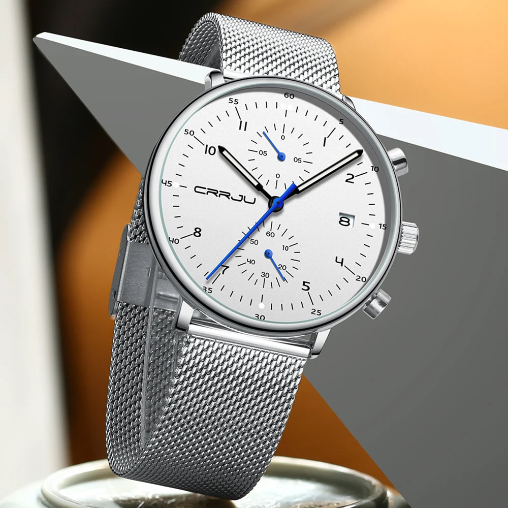 Silver watch with a detailed face on a gradient background