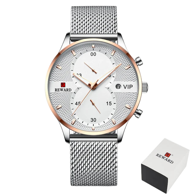 Silver watch with white face and 'VIP' marking, accompanied by a matching box on a white background.