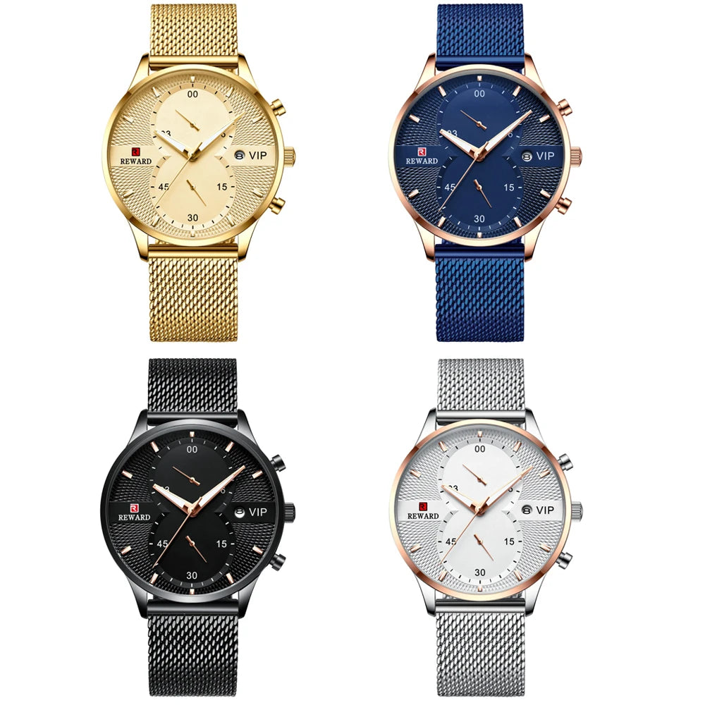 Four watches with different colored faces and mesh bands on a white background