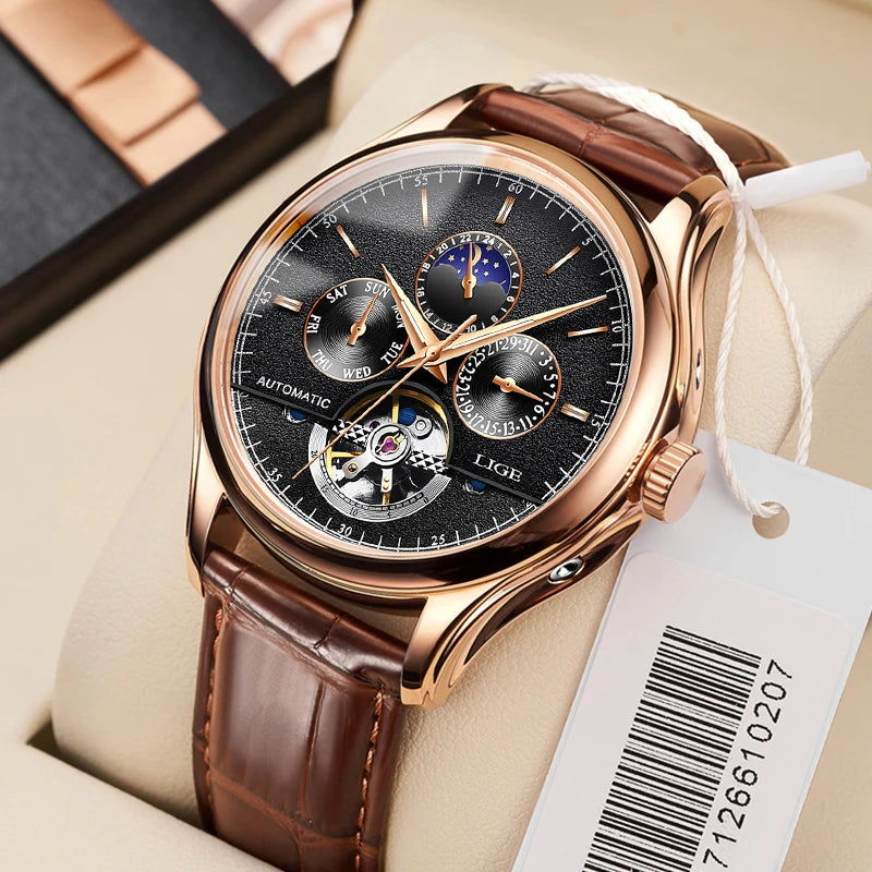 2025 LIGE Mens Watches Automatic Mechanical Watch Tourbillon Sport Clock Leather Casual Business Retro Wristwatch Relojes ...