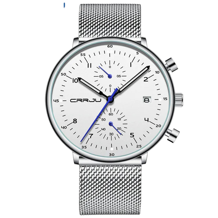 Silver watch with white face and blue accents on a white background, featuring the brand 'CRRJU'.