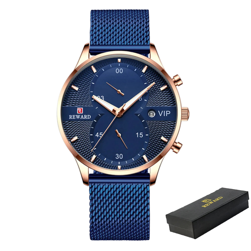 Blue watch with rose gold accents and a black box on a white background, featuring the 'REWARD' brand.
