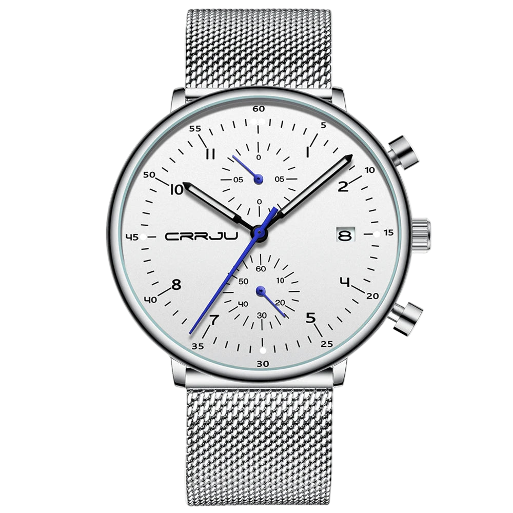 Silver watch with white dial on a white background, featuring the brand 'CRRJU'.