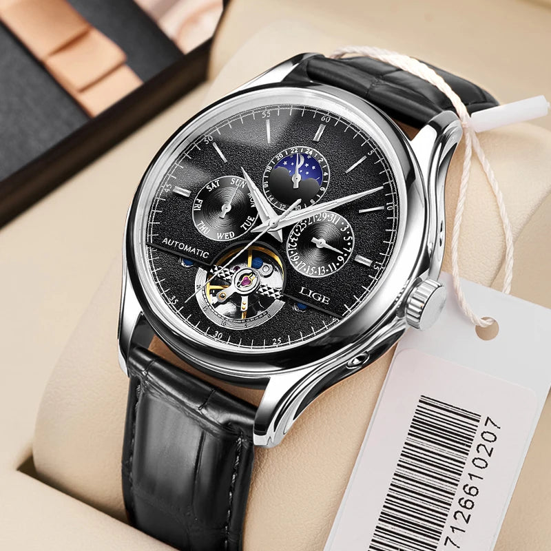 2025 LIGE Mens Watches Automatic Mechanical Watch Tourbillon Sport Clock Leather Casual Business Retro Wristwatch Relojes ...