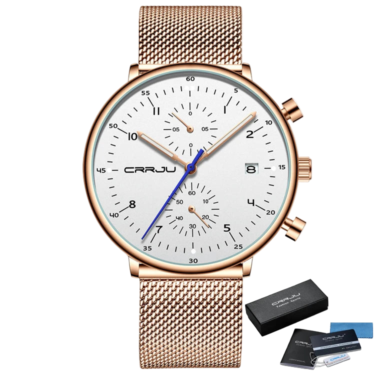 Rose gold watch with white face and blue second hand, accompanied by a box and cards on a white background.