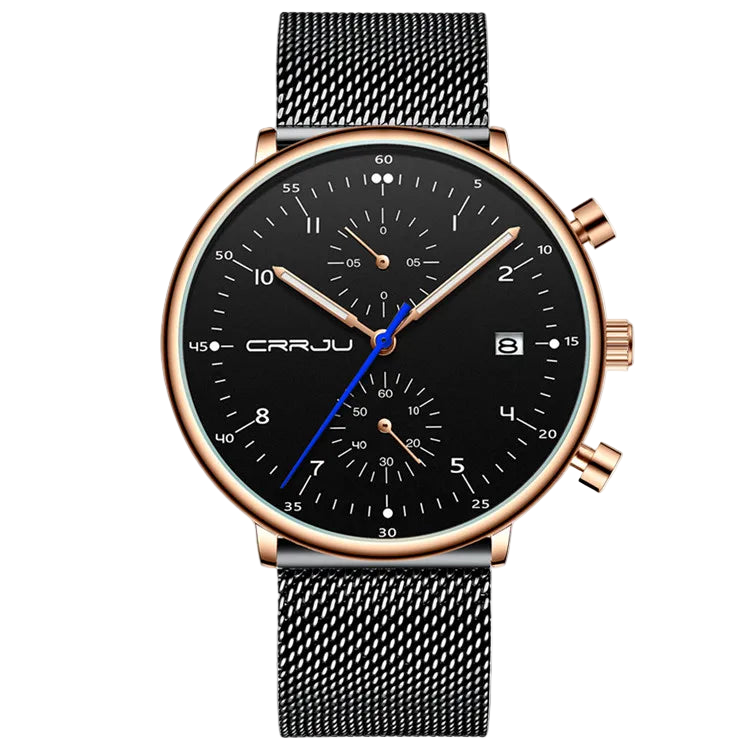 Wristwatch with black face and mesh band on a white background, featuring the brand 'CRRJU'.