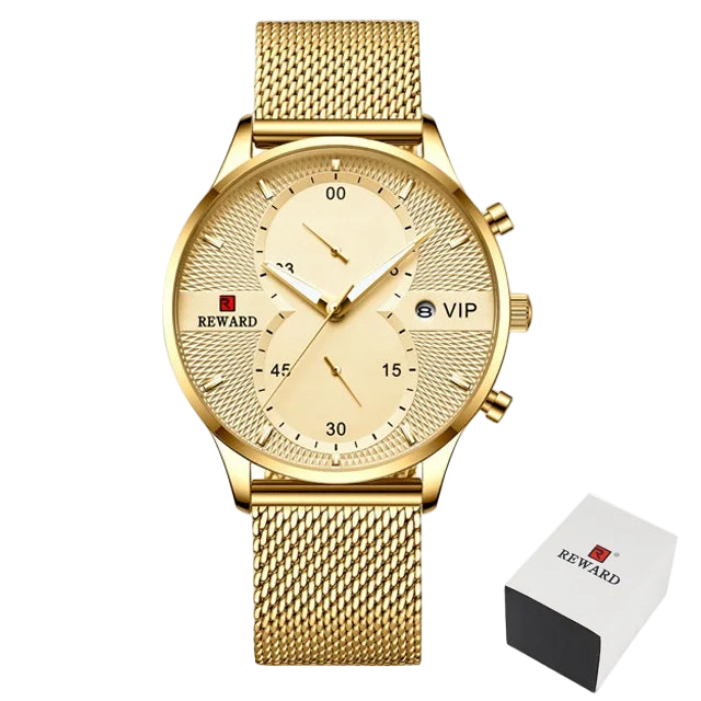 Gold watch with mesh band and 'Reward' branding on a white background