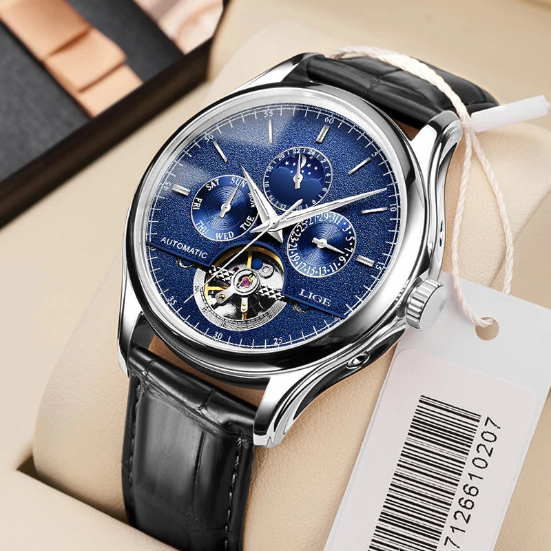discount 2025 LIGE Mens Watches Automatic Mechanical Watch Tourbillon Sport Clock Leather Casual Business Retro Wristwatch...