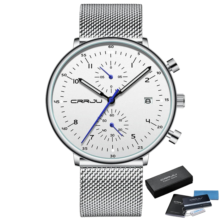Silver wristwatch with mesh band and CRRJU branding on a white background
