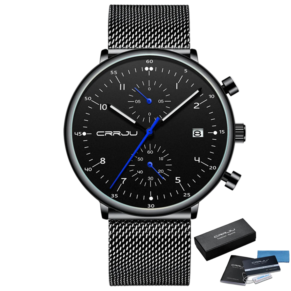 Black wristwatch with blue accents and CRRJU branding on a white background