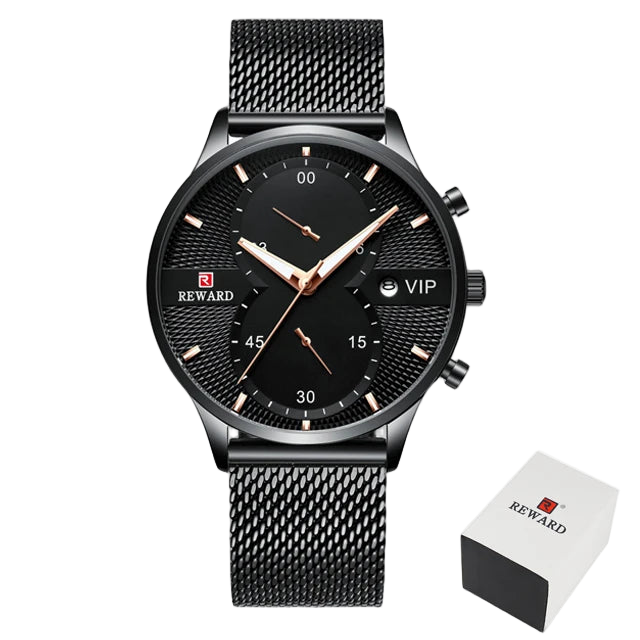 Black wristwatch with mesh band and 'Reward' branding on a white background