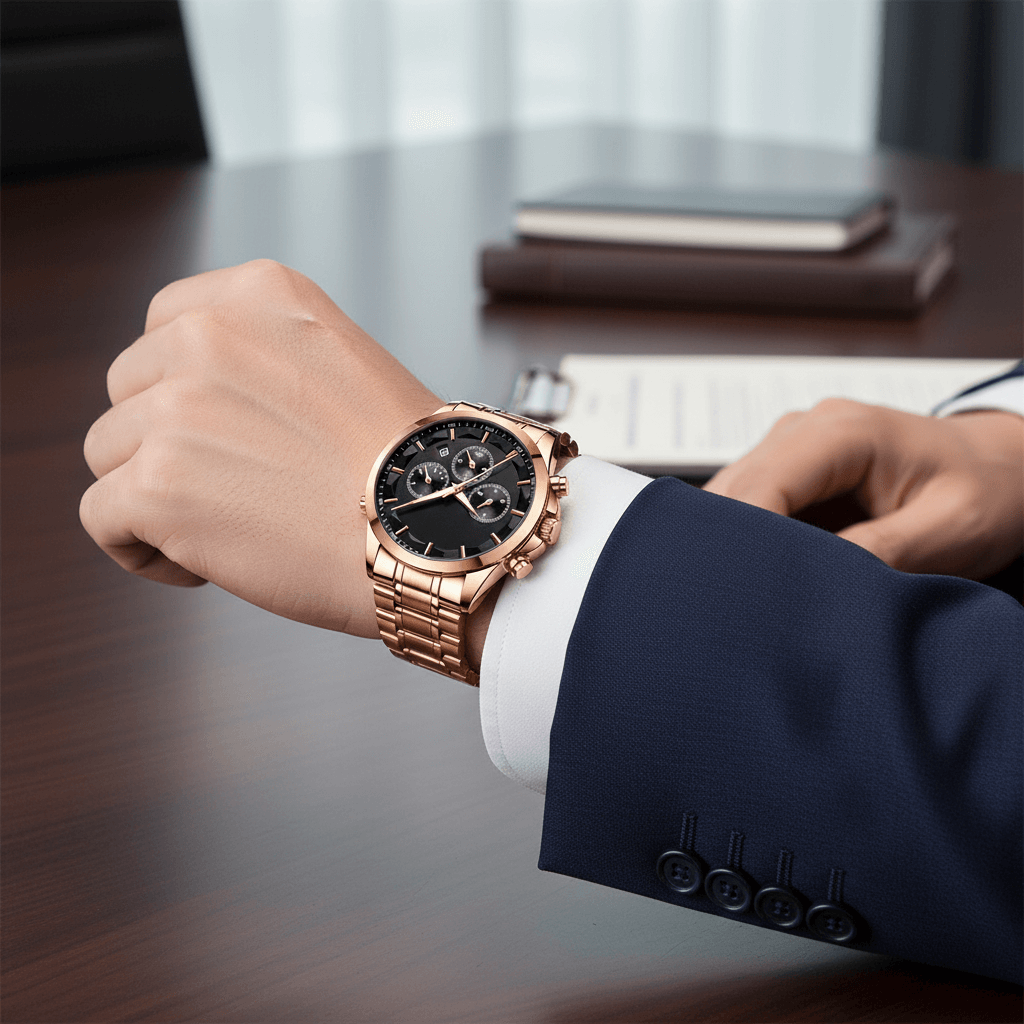Rose gold watch on a person's wrist with a blurred office background