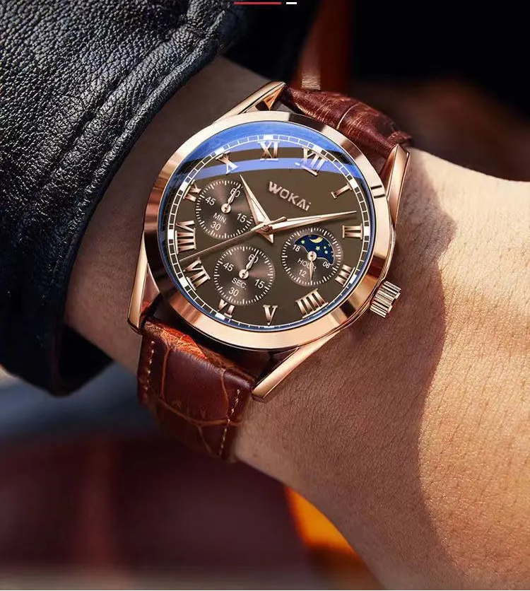 Luxury watch with brown leather strap on wrist, brand 'Woxii' visible