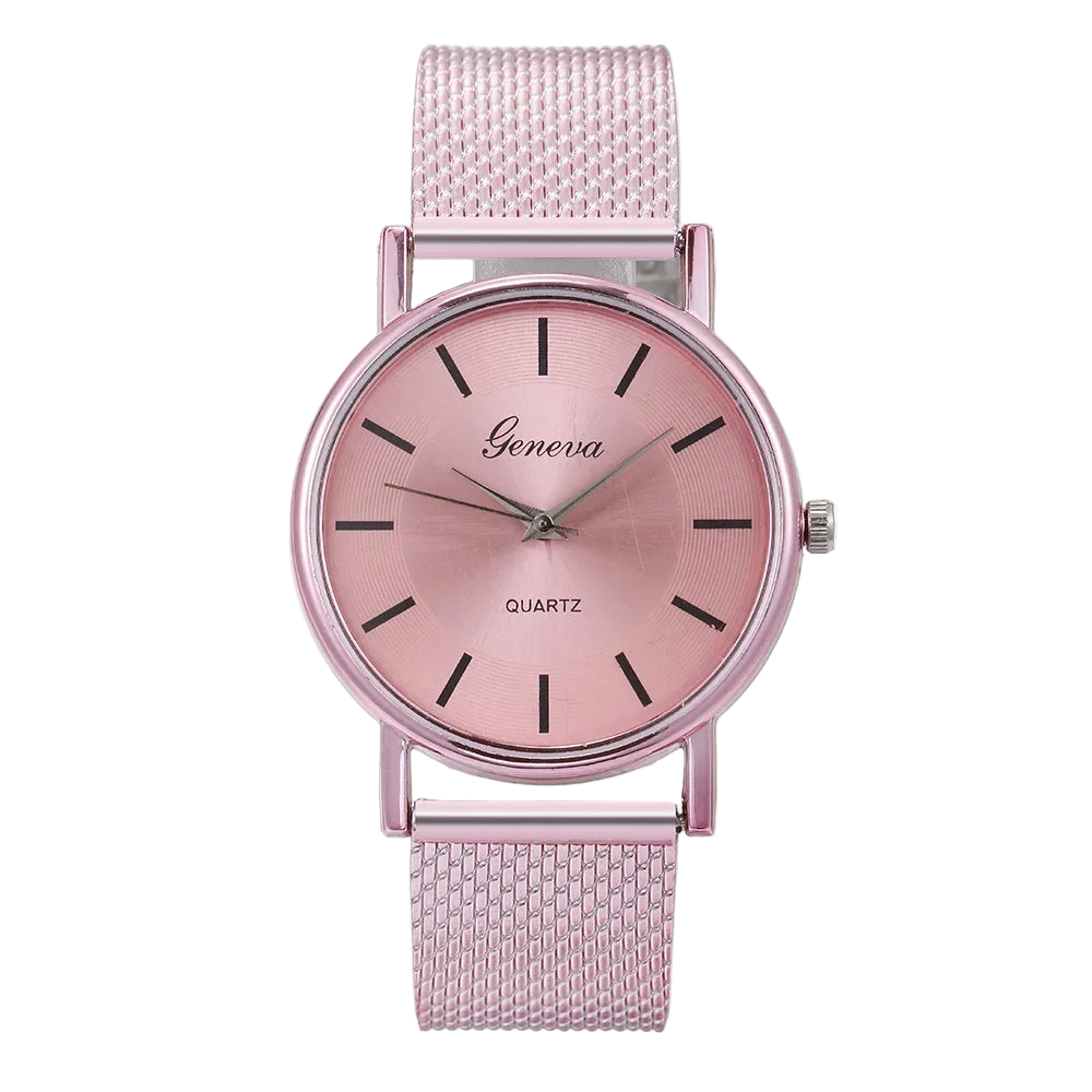 Pink watch with mesh band on a white background