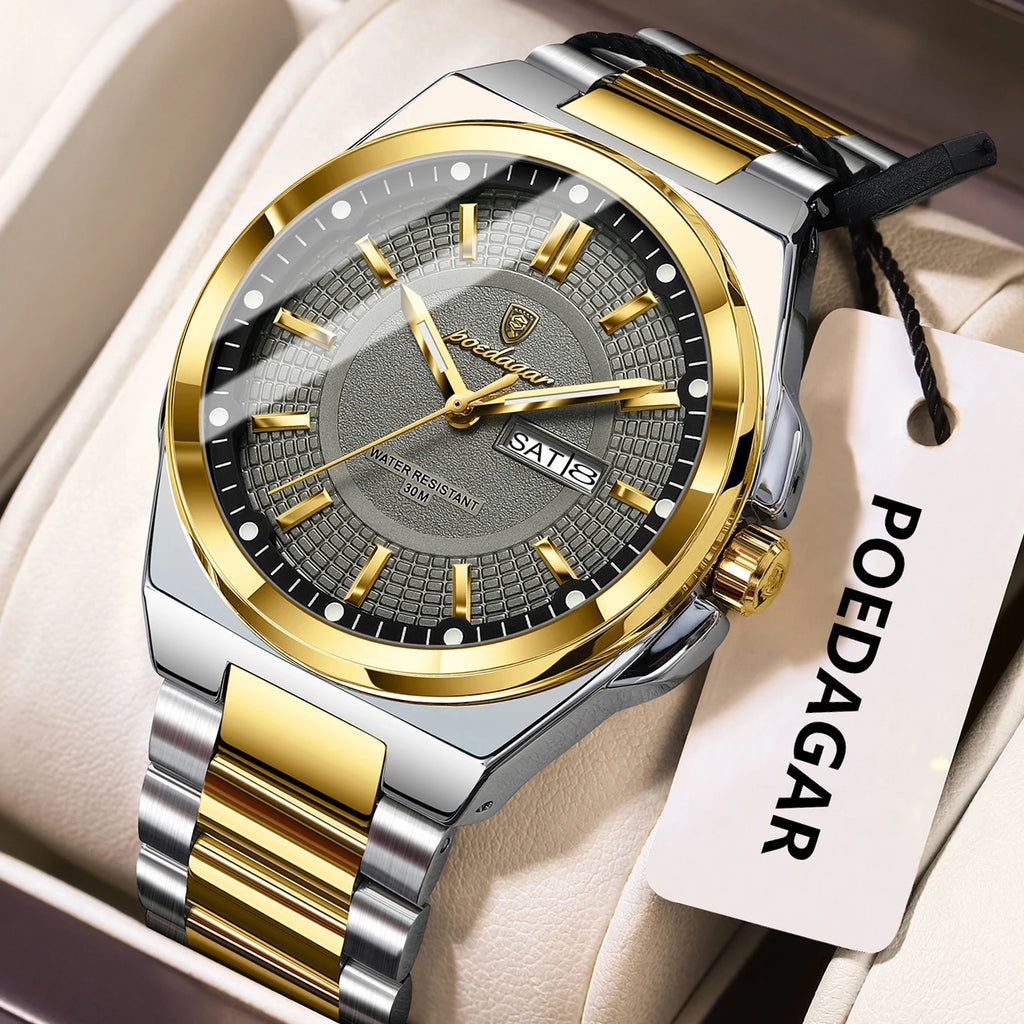 POEDAGAR Sport Original Men Clock Quartz Date Week Luxury Man Wristwatch Waterproof Luminous Stainless Steel Men's Watches...