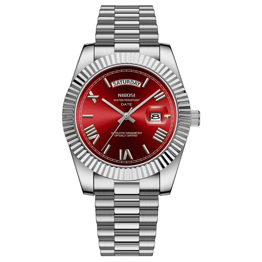 Silver watch with a red face on a white background