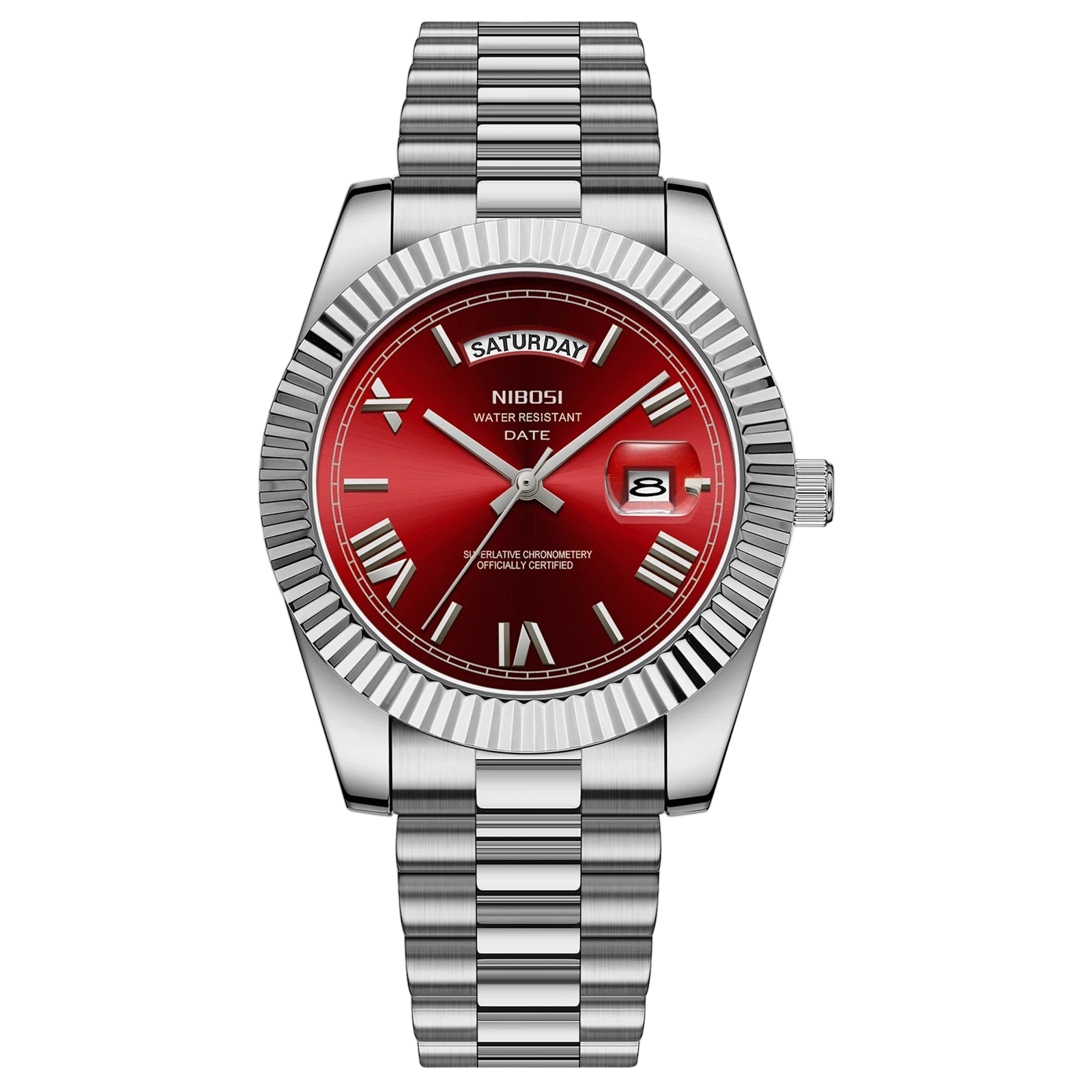 Silver watch with a red face on a white background