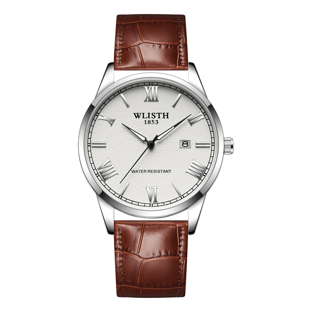 Watch with brown leather strap and white dial on a white background