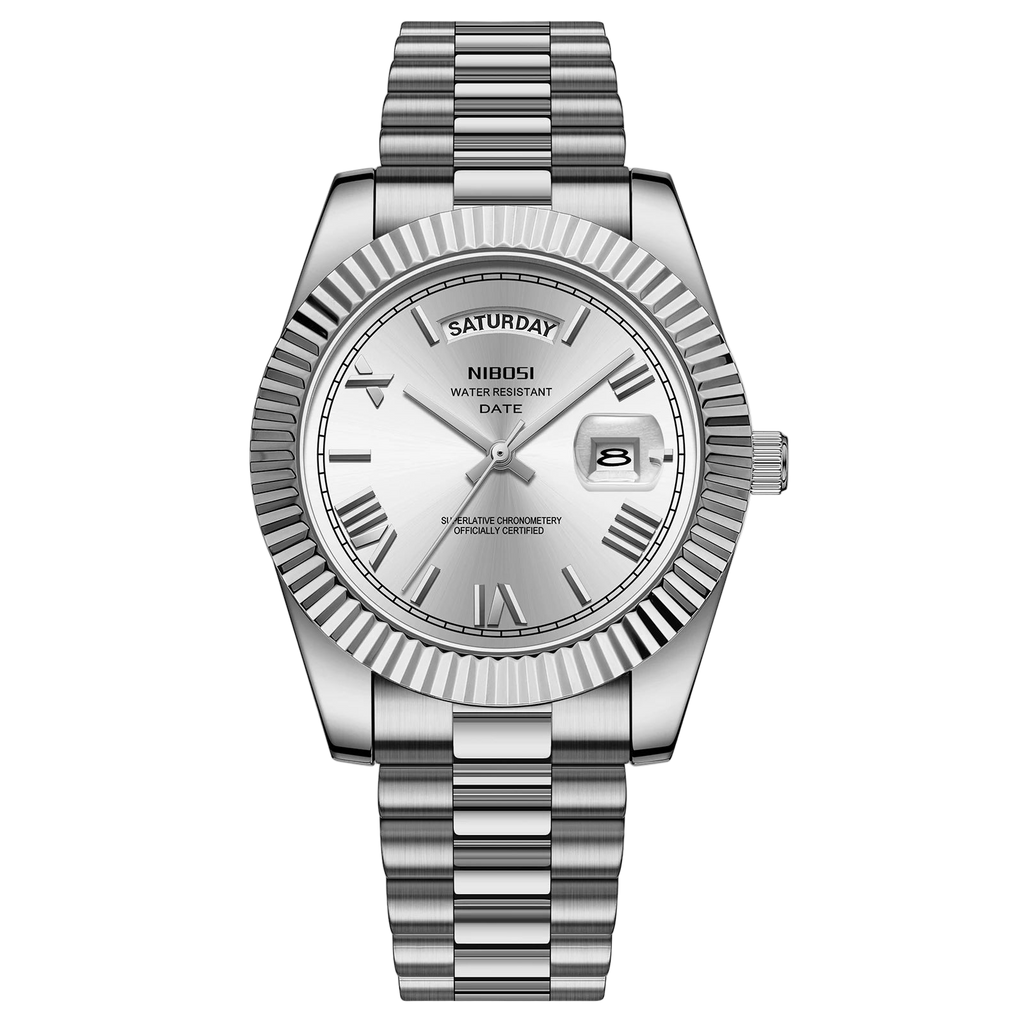 Silver watch with a white face on a white background