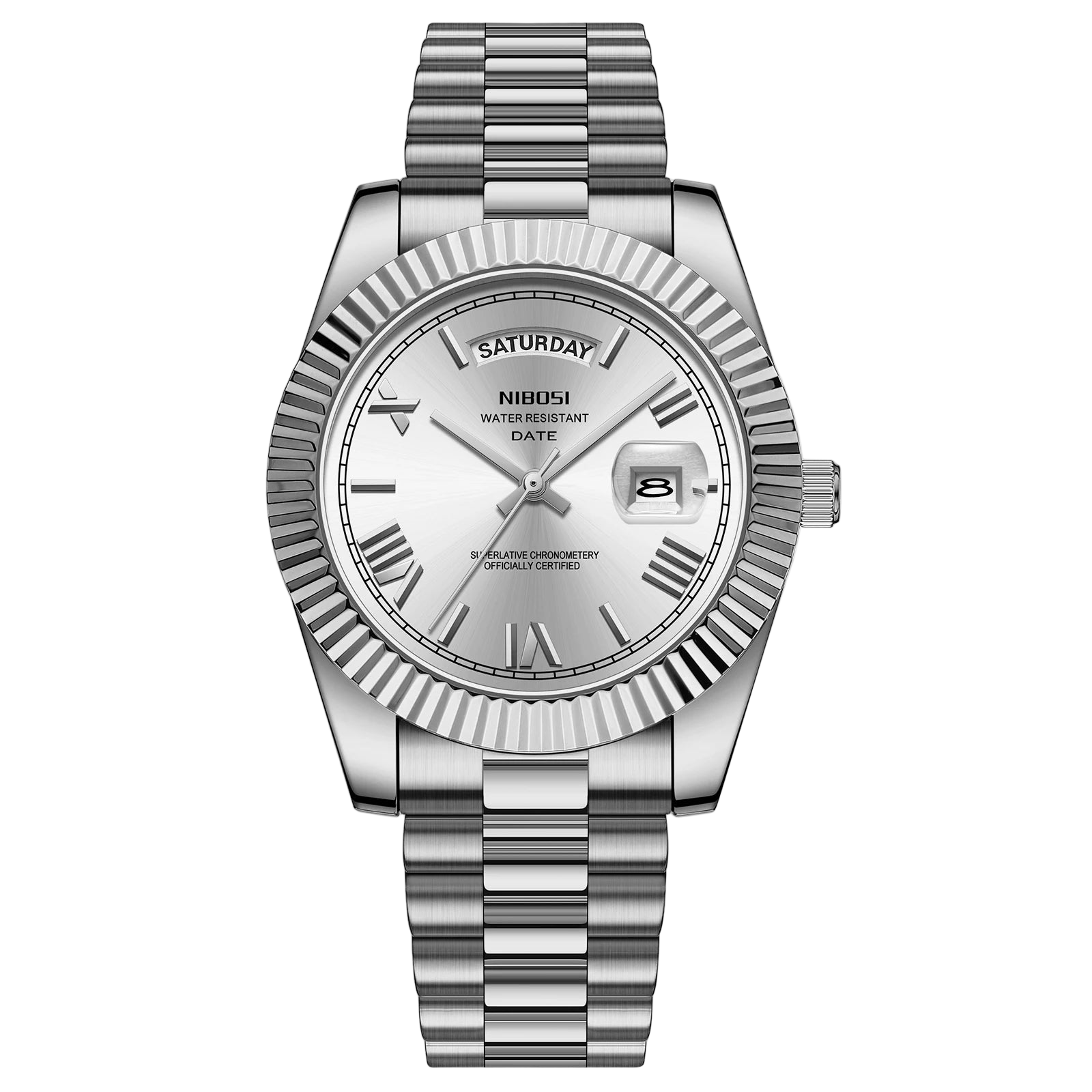 Silver watch with a white face on a white background