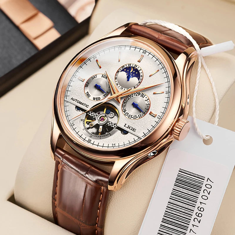 popular 2025 LIGE Mens Watches Automatic Mechanical Watch Tourbillon Sport Clock Leather Casual Business Retro Wristwatch ...