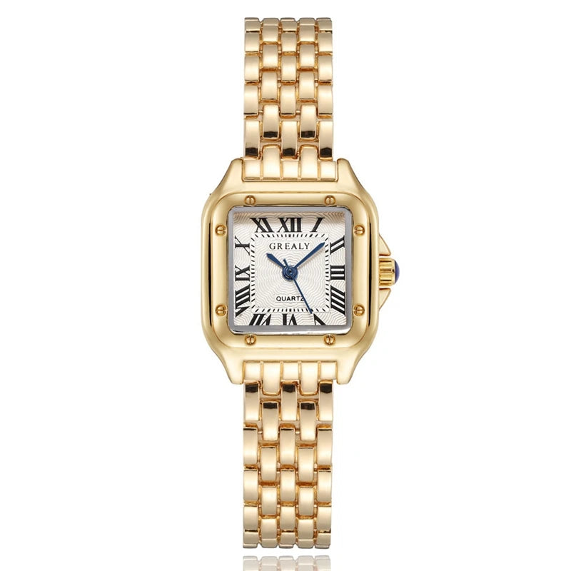 Gold wristwatch with a square face on a white background
