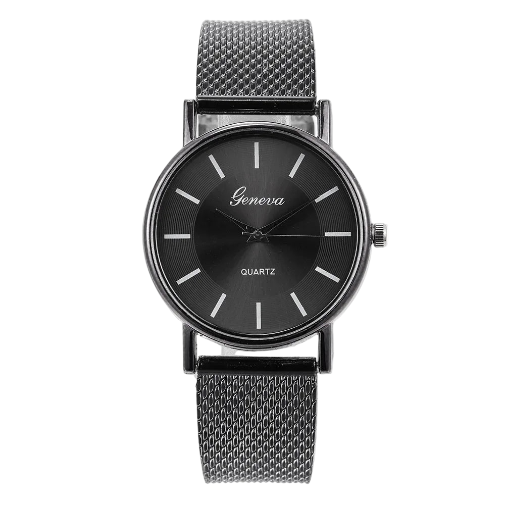 Black watch with mesh band on a white background
