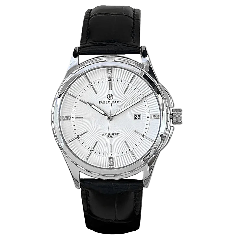 Watch with black leather strap and silver case on a white background