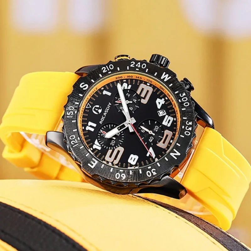 Black wristwatch with a yellow strap on a blurred yellow background