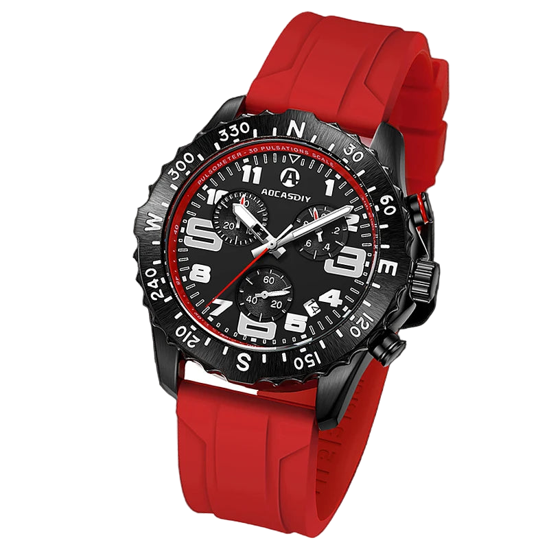 Wristwatch with red strap and black dial on a dark background, featuring the AOCASDIY brand.