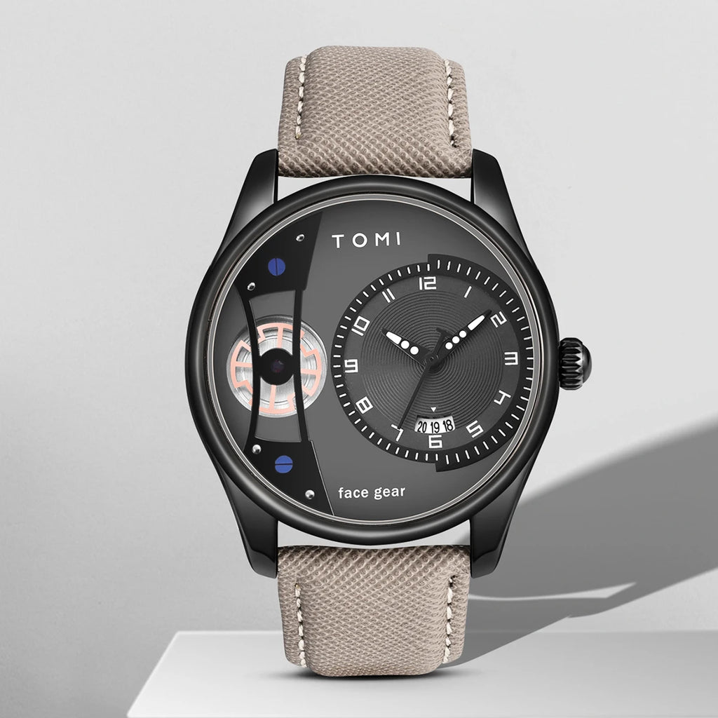 Watch with a beige strap and black face on a gray background