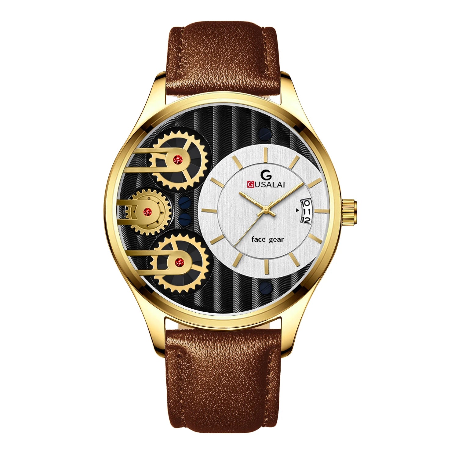 2025 New Men Watch Black Leather Creative Rotating Gear 44mm Military Sports Wind Clock Quartz Movement Wrist Watch reloj hombre