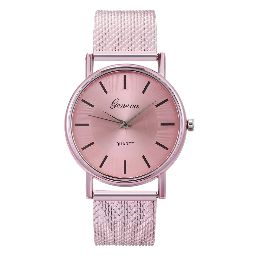 Pink watch with mesh band on a white background