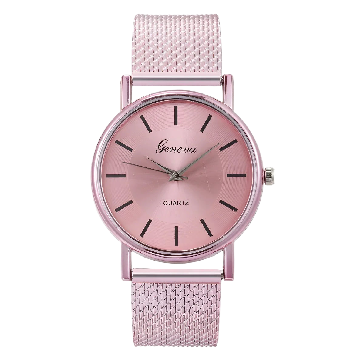 Pink watch with mesh band on a white background
