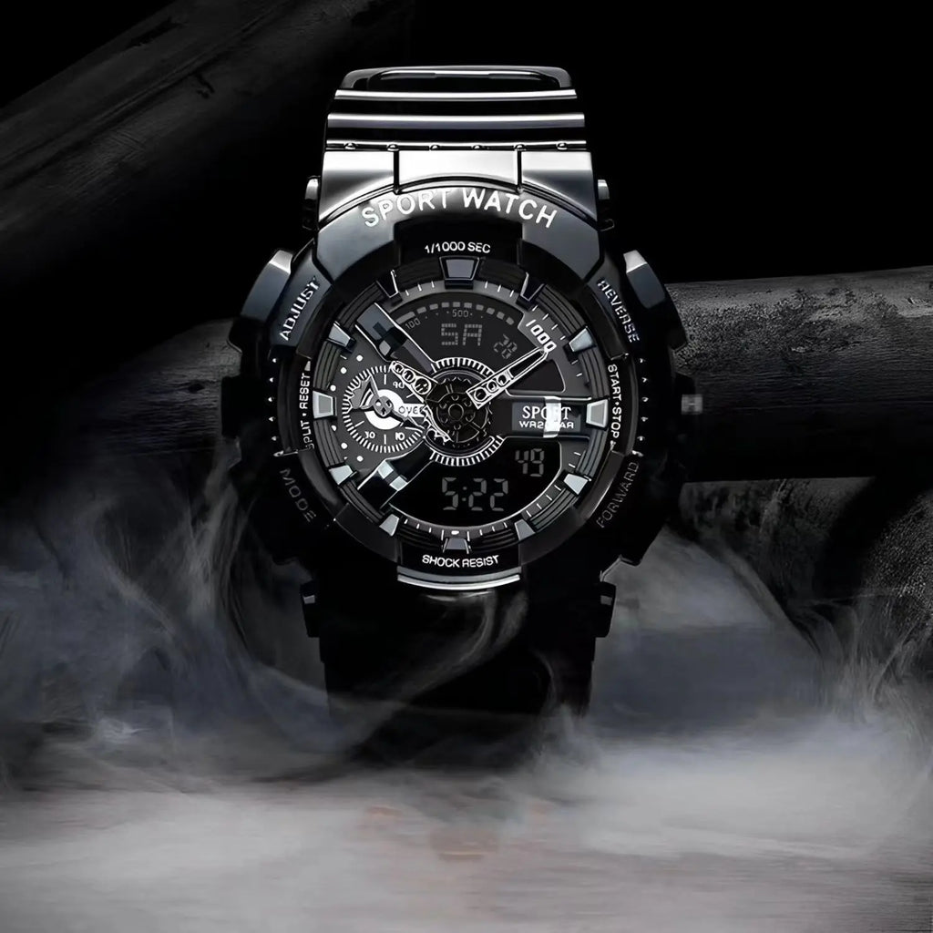 Black sport watch with detailed face and digital display on a dark background
