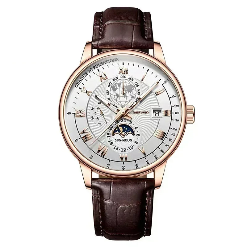 Watch with brown leather strap and detailed face on white background