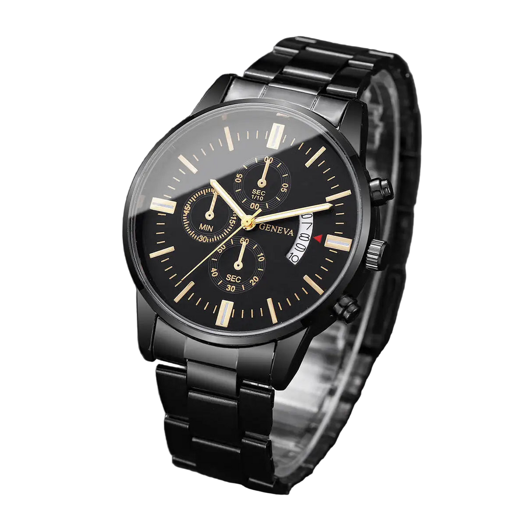Black wristwatch with detailed face on a dark background
