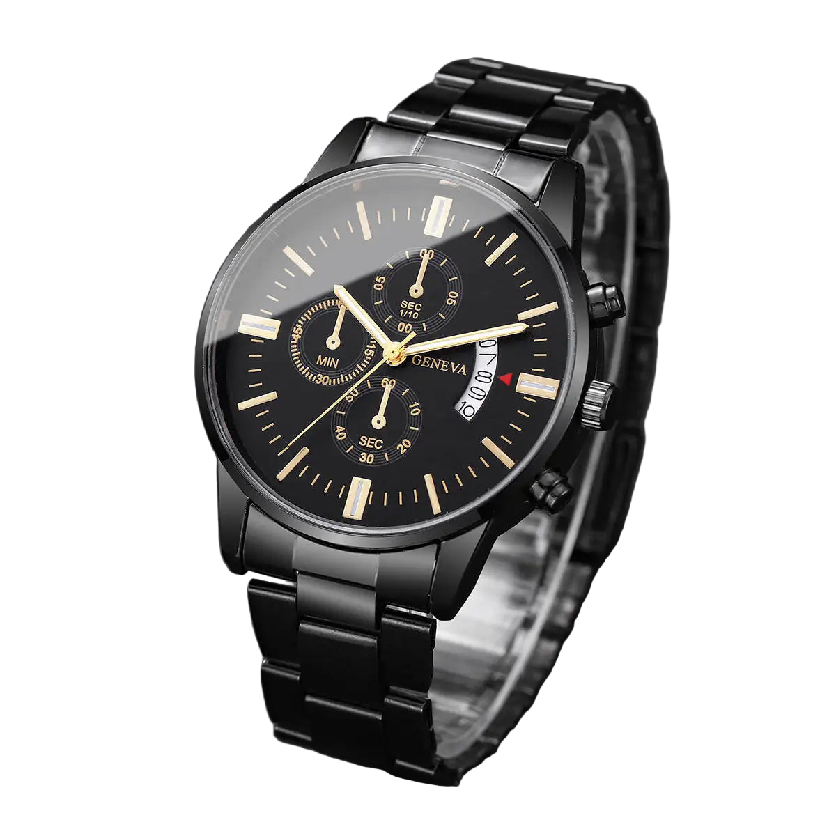 Black wristwatch with detailed face on a dark background